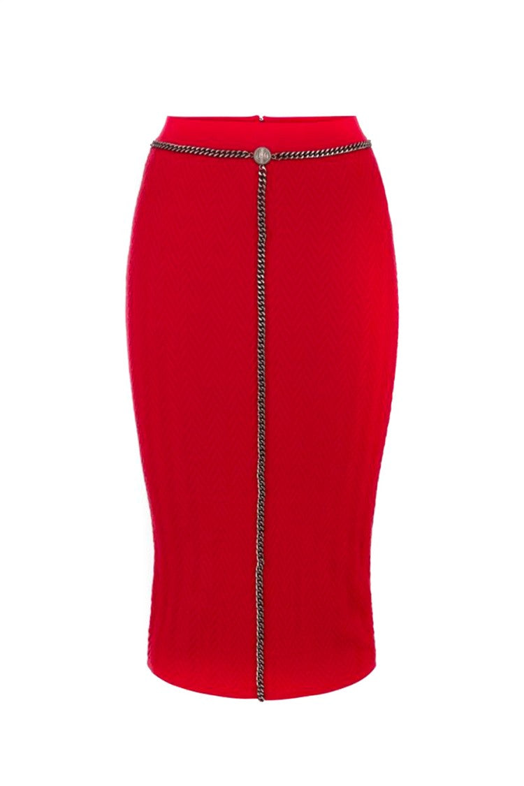 Elisabetta Franchi Textured Herringbone Midi Skirt With Chain Detail