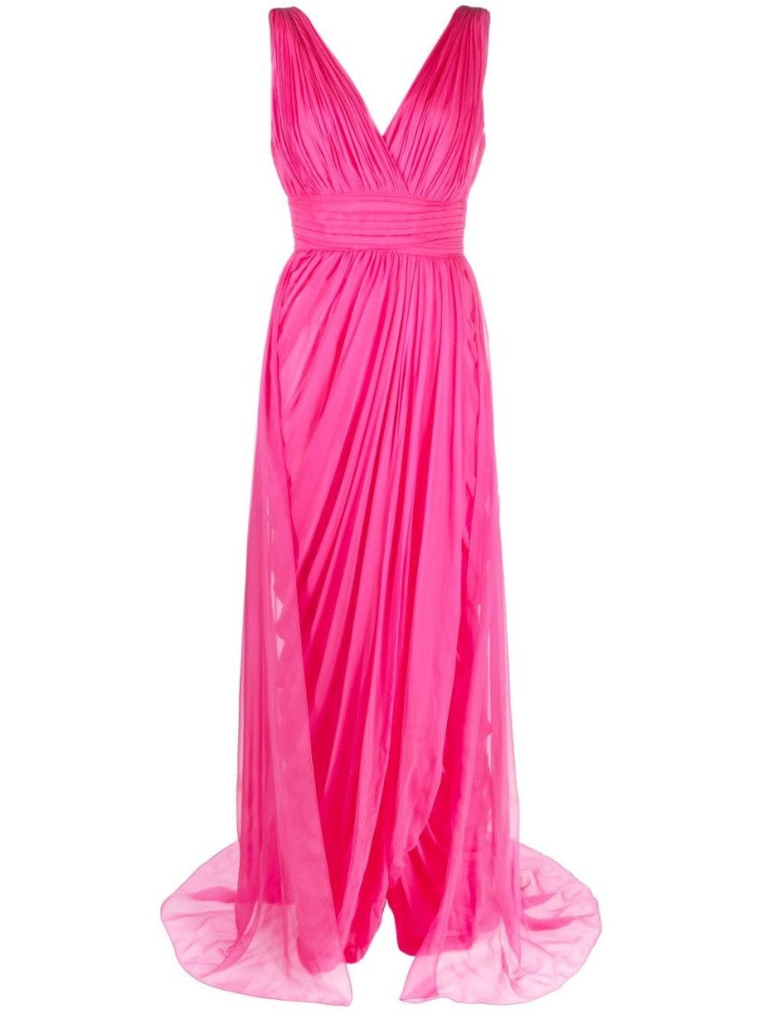 Alberta Ferretti Fuchsia Flowing Silk V-Neck Dress