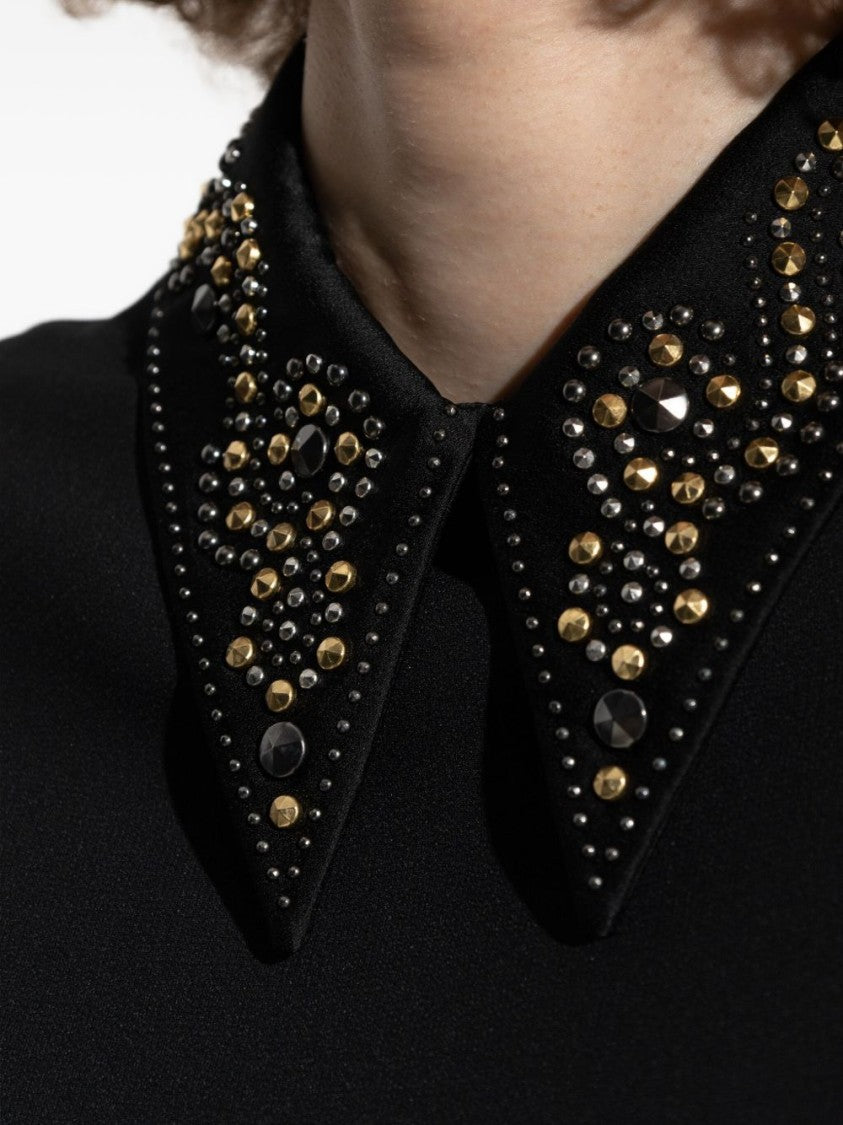 Versace Pointed Collar Black Shirt With Gold And Silver Embellishments