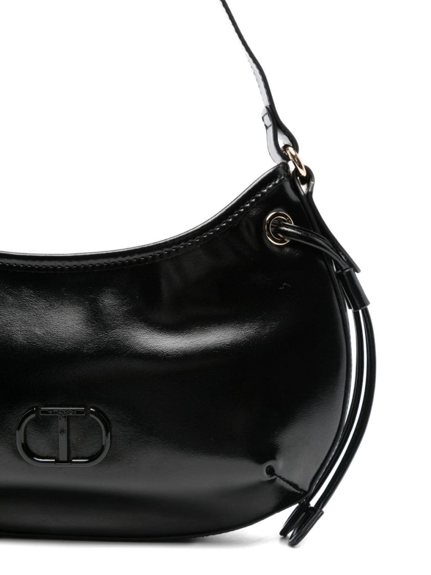 Twin-Set Compact Black Handbag With Glossy Finish And Decorative Ties