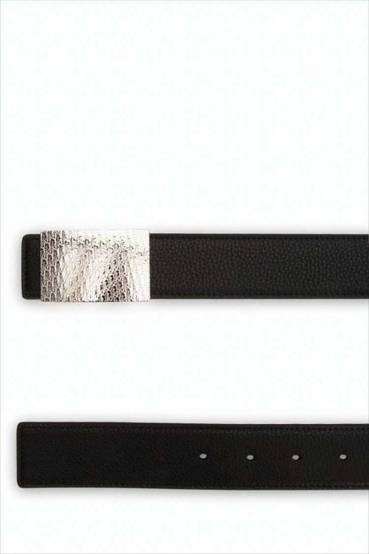 Christian Dior Textured Silver Buckle Black Calfskin Leather Belt