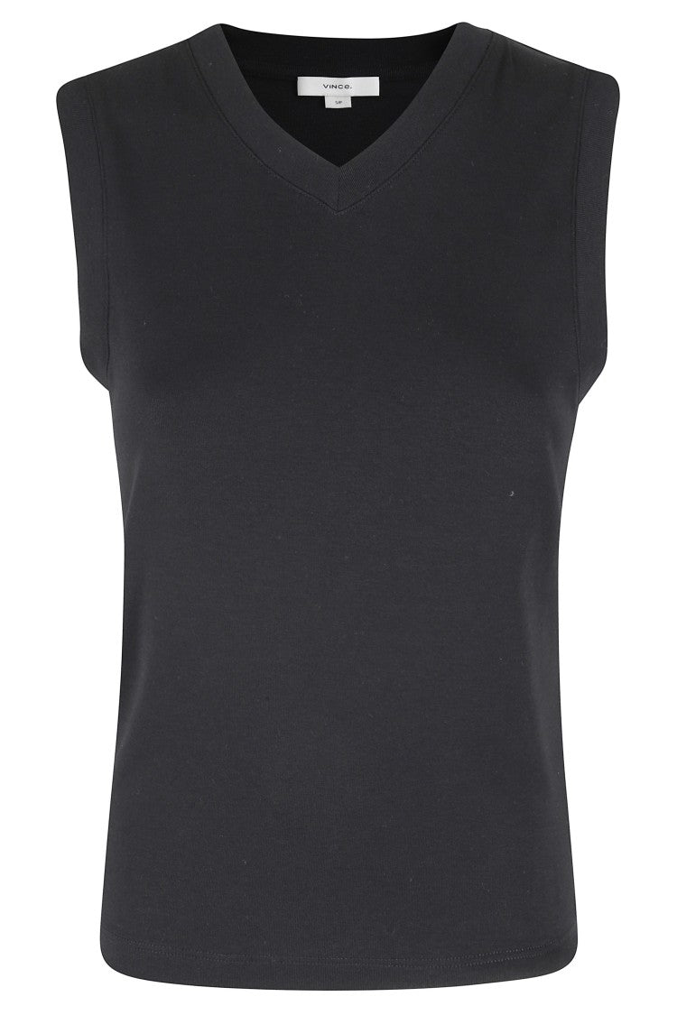 Vince Black High V Shell Ribbed-Trim Cotton-Blend Tank Top