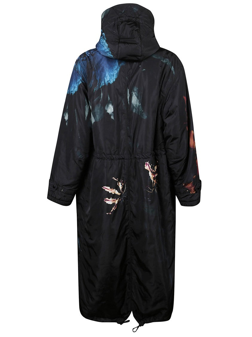 Dries Van Noten Floral Print Long Parka With Drawstring Hood And Functional Pockets