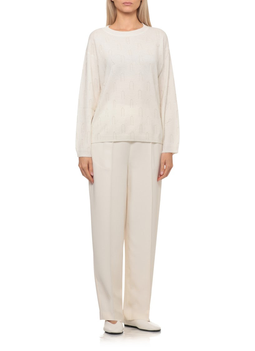 Fabiana Filippi Ivory Wool Blend Sweater With Ribbed Trims And Point Detail