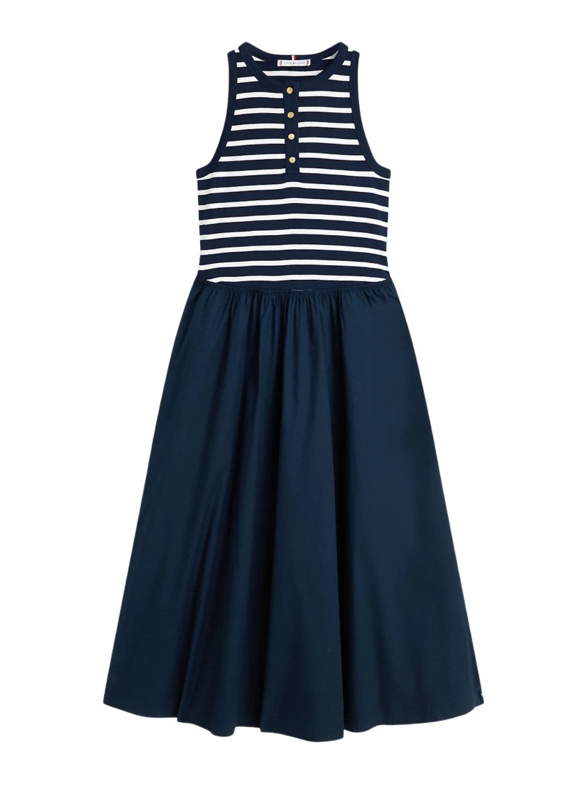 Tommy Hilfiger Striped Bodice Gold Button Midi Dress