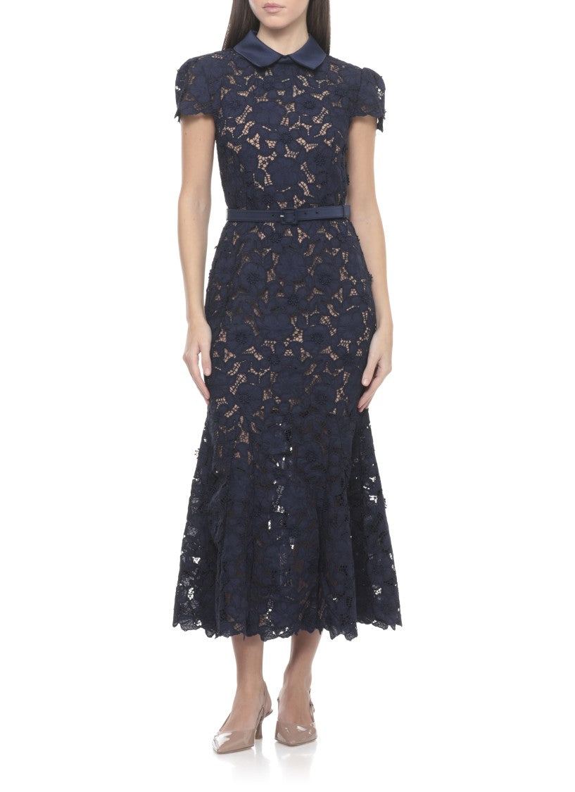 Self-Portrait Intricate Guipure Lace Midi Dress With Classic Collar