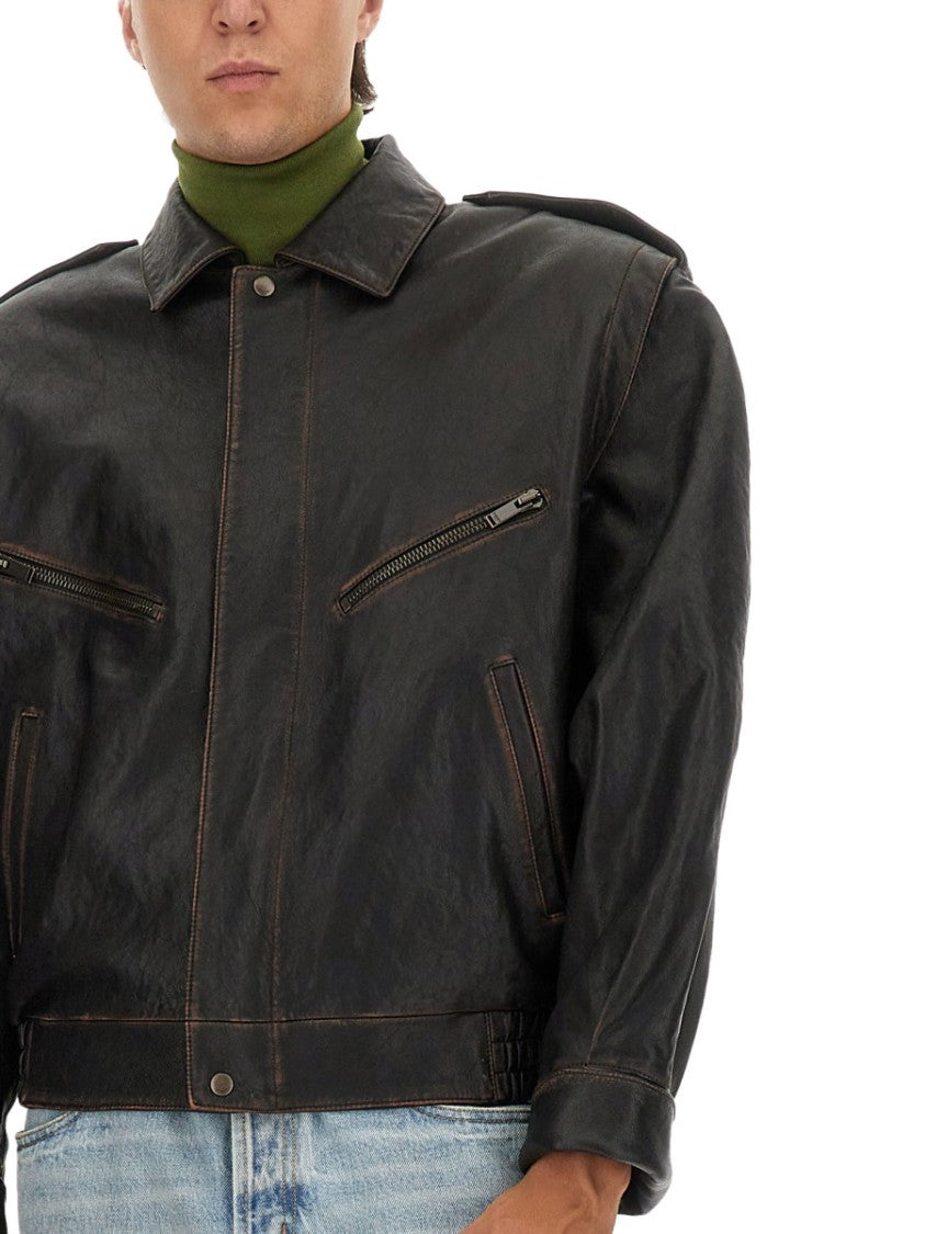 Saint Laurent Boxy Lambskin Leather Jacket With Structured Shoulders