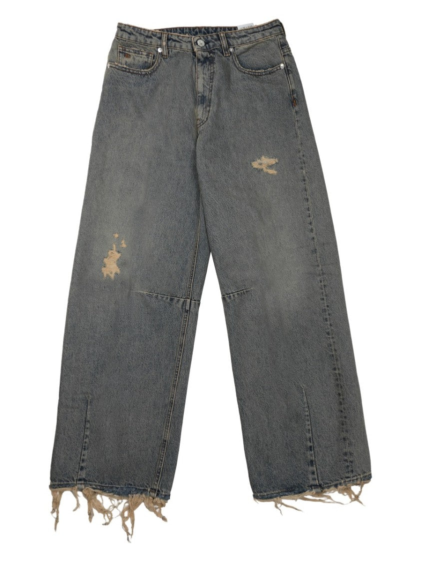 Nine In The Morning Grey Ergonomic Distressed Cotton Wide-Leg Pants