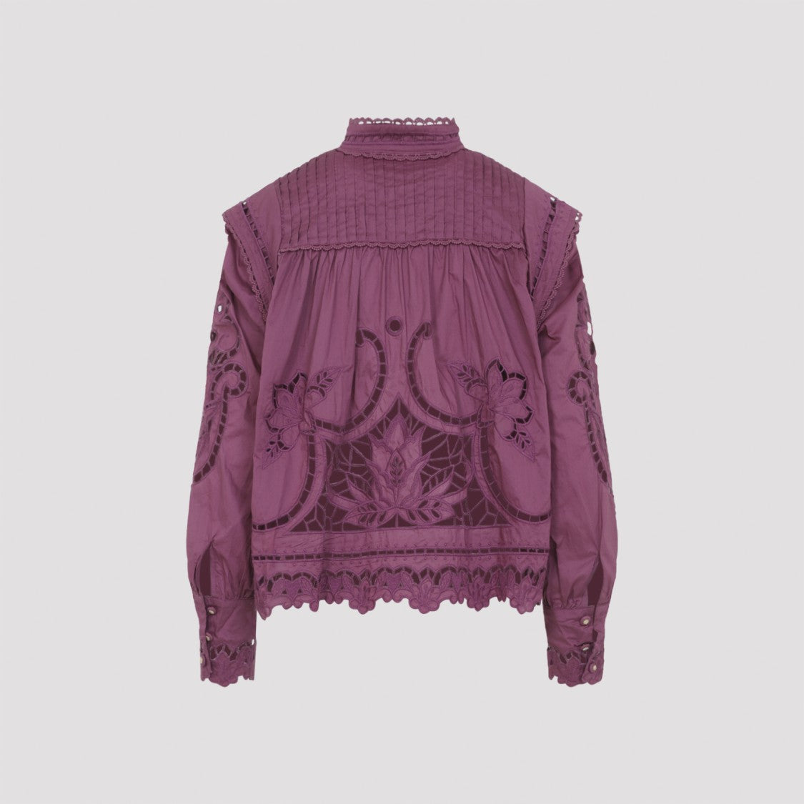 Farm Rio Lace-Embellished Purple Cotton Long-Sleeved Top