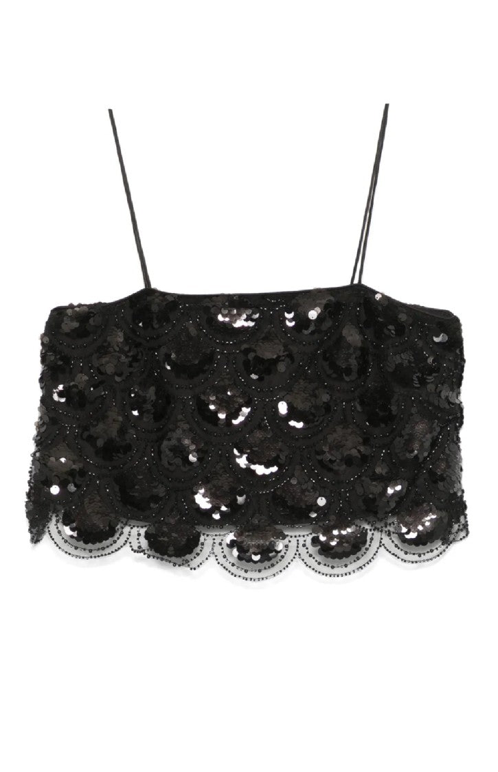 Rotate Fitted Black Sequins Crop Top