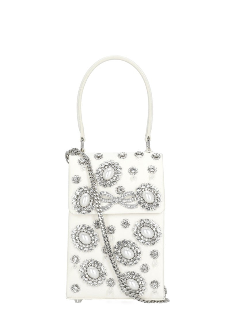 Self-Portrait Ivory Crystal Mini Bow Bag With Removable Chain Strap