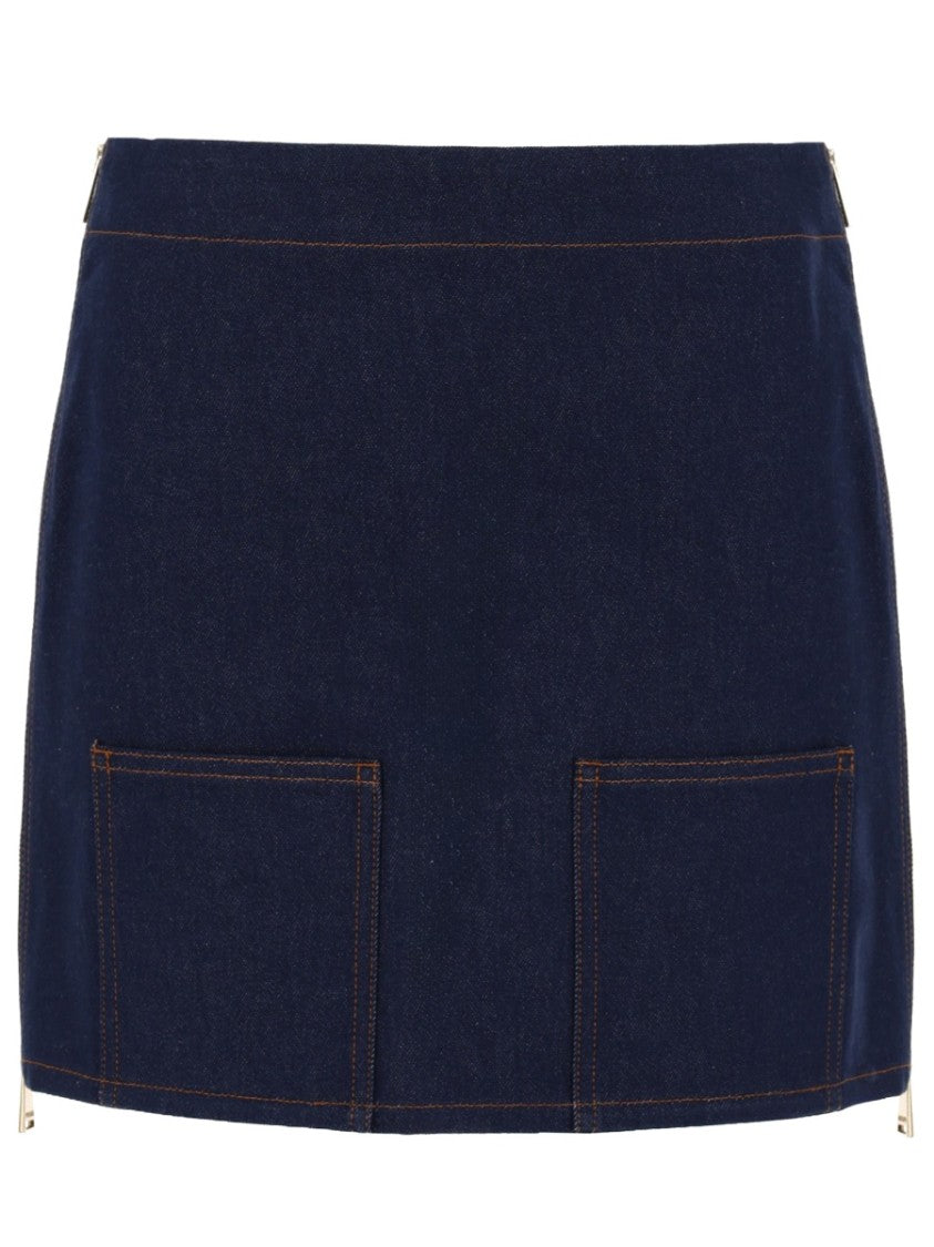 Fendi Mini Denim Skirt With Contrast Stitching And Leather Patch