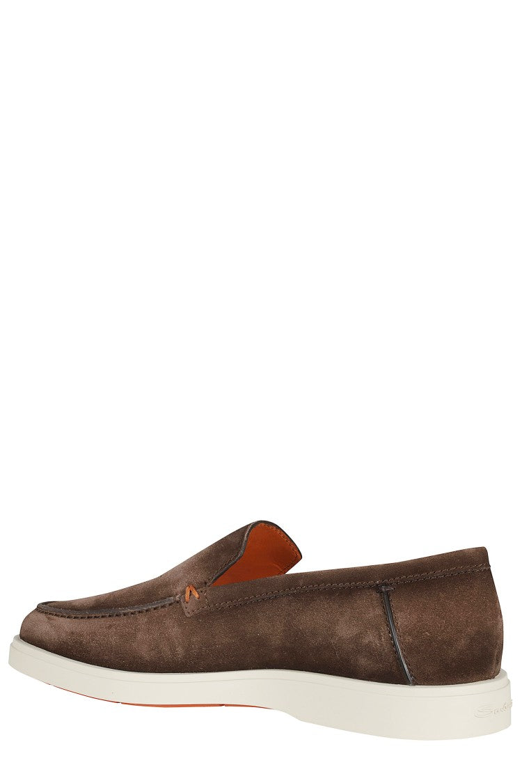 Santoni Brown Detroit Suede Leather Rubber Sole Leather Loafers