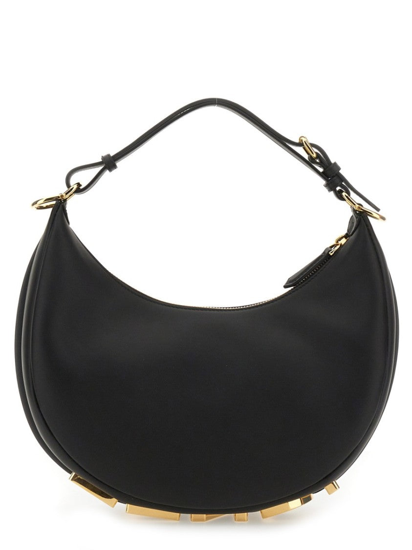 Fendi Crescent-Shaped Leather Shoulder Bag With Zipper Closure And Gold Accents