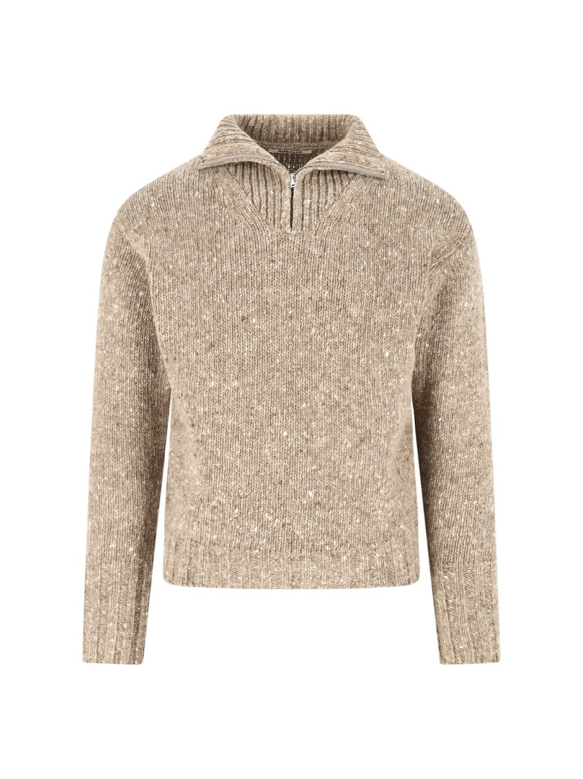 Auralee Brown Cropped Ribbed-Collar Wool Sweater