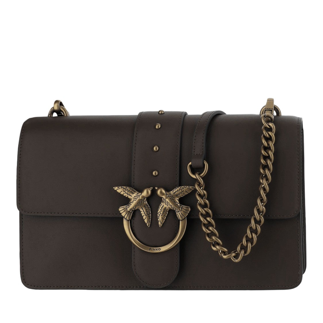 Pinko Dark Brown Love One Classic Leather Shoulder Bag