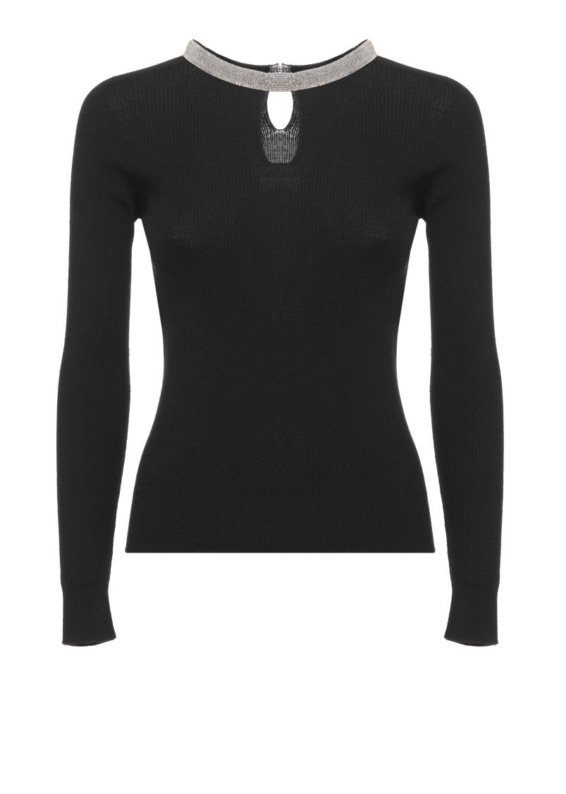 D. Exterior Black Ribbed Cut-Out Wool Turtleneck Sweater