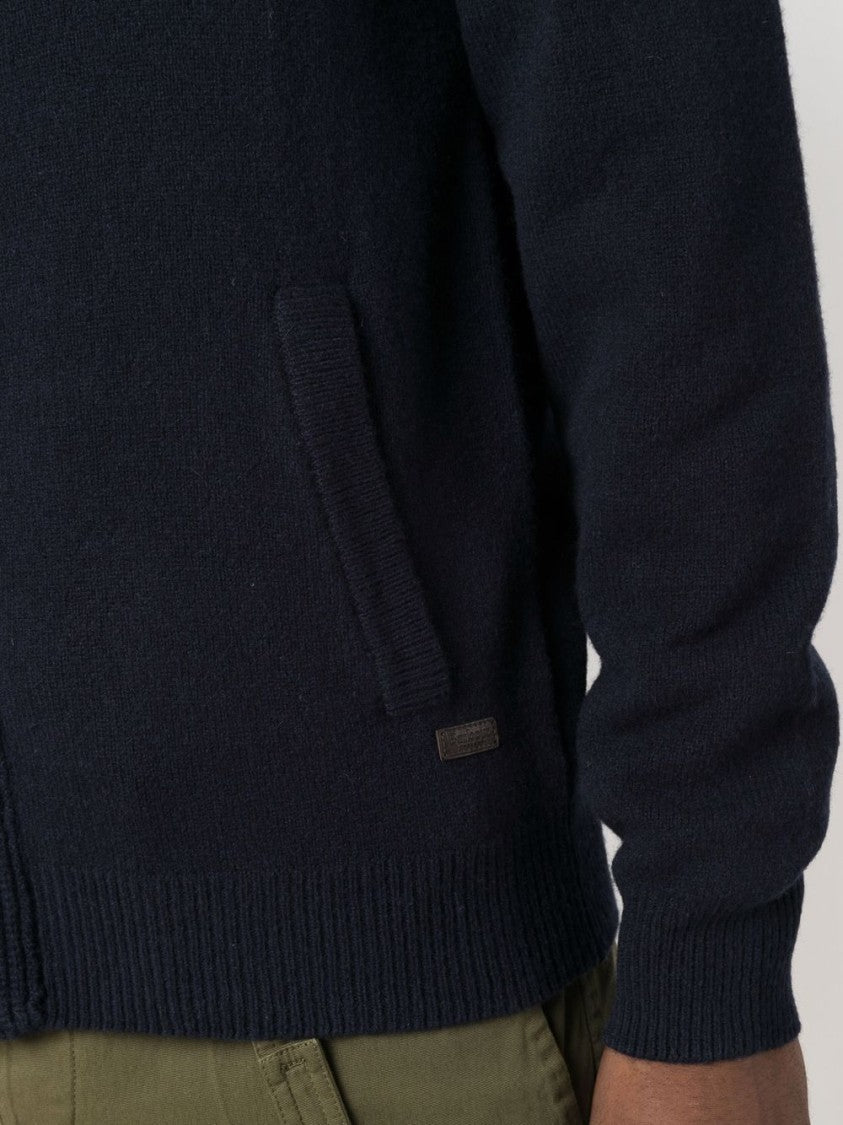 Barbour Navy Wool Zip-Through Sweater With High Neck And Elbow Patches