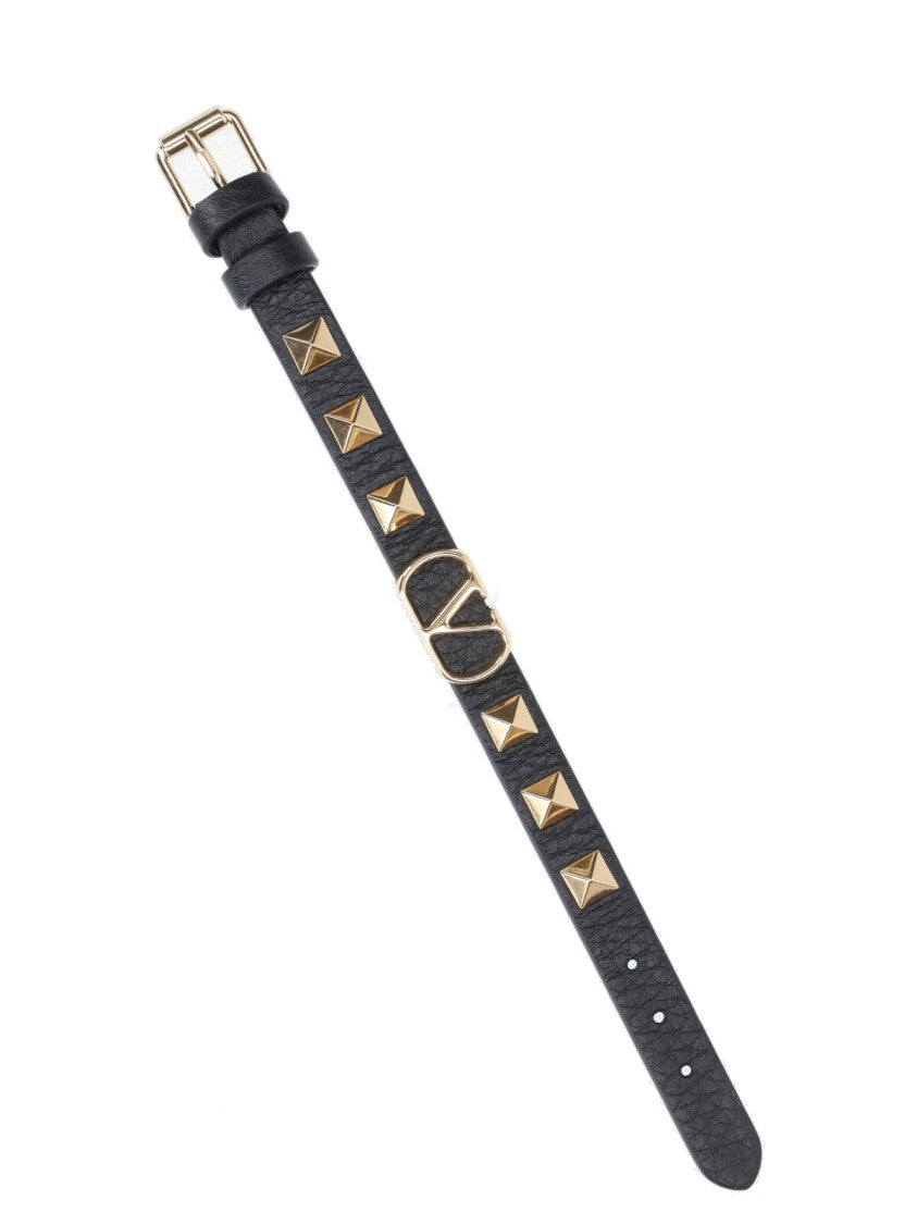 Valentino Garavani Black Leather Studded Bracelet With Adjustable Fit