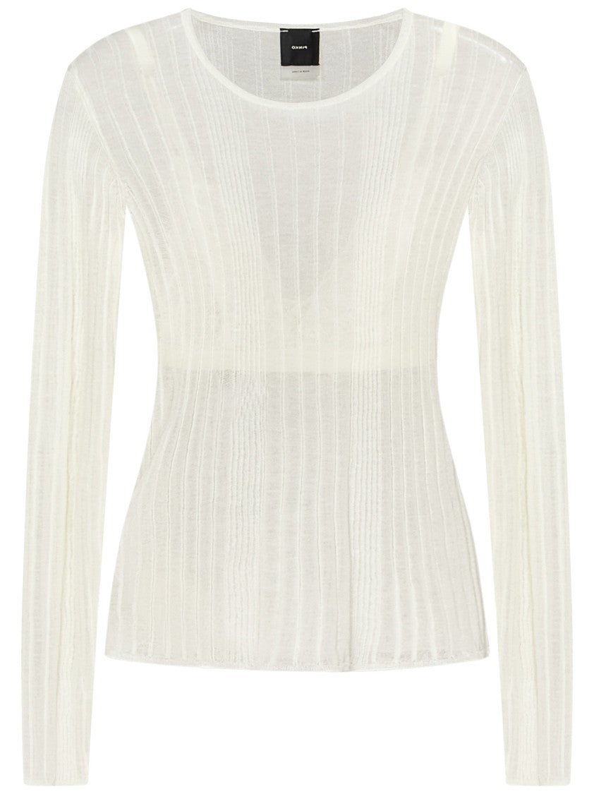 Pinko Ribbed White Sweatshirt With Sheer Accents