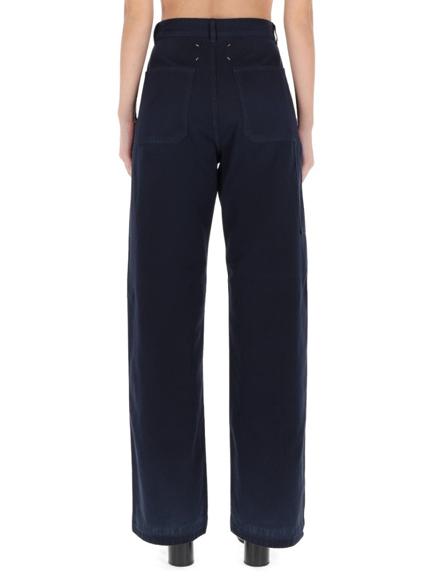 Maison Margiela Wide-Leg Herringbone Cotton High Waisted Pants