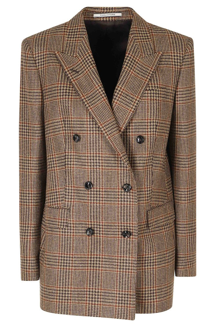 Tagliatore Dark Brown Double-Breasted Prince Of Wales Check Wool Blazer