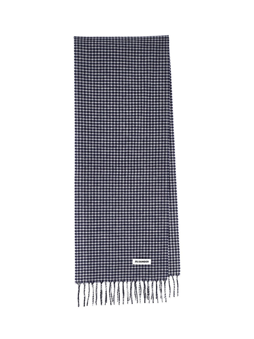 Jil Sander Blue Check Virgin Wool Fringed Scarf