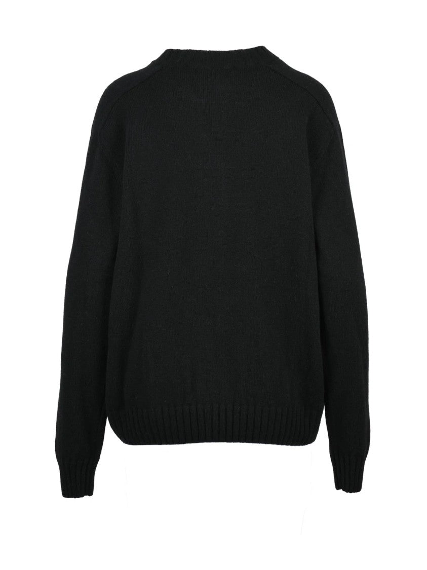 Amaranto Black Crew Neck Button-Down Wool-Cashmere Cardigan