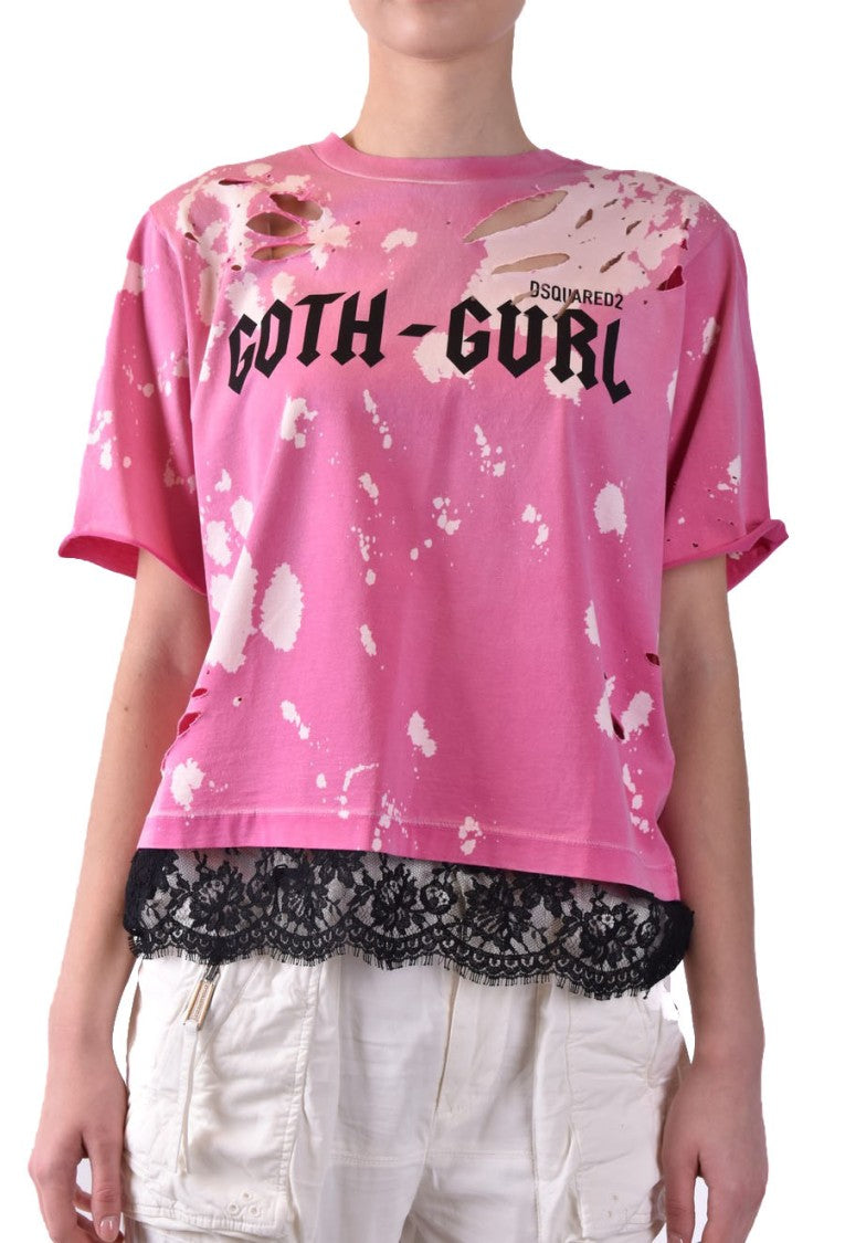 Dsquared2 Distressed Fuchsia Cropped T-Shirt Lace Trim