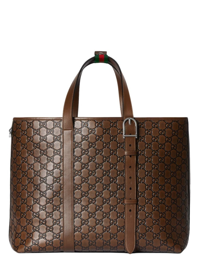 Gucci Emblem-Patterned Calf Leather Tote Bag