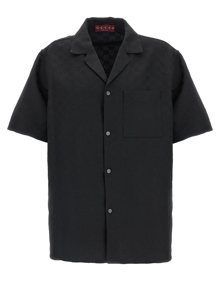 Gucci Black Gg Jacquard Short-Sleeved Shirt With V-Neck