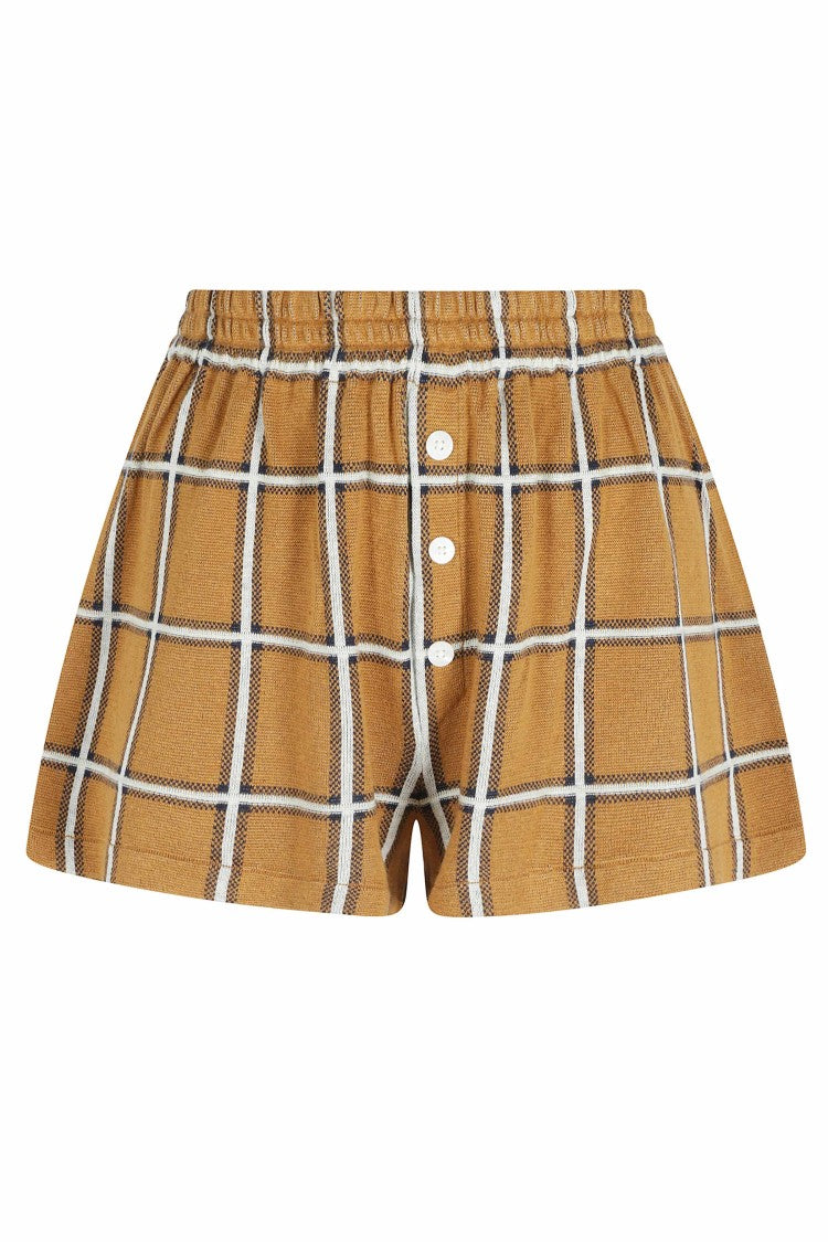 Guest In Residence Brown Picnic Plaid Check Elastic-Waistband Silk-Blend Shorts