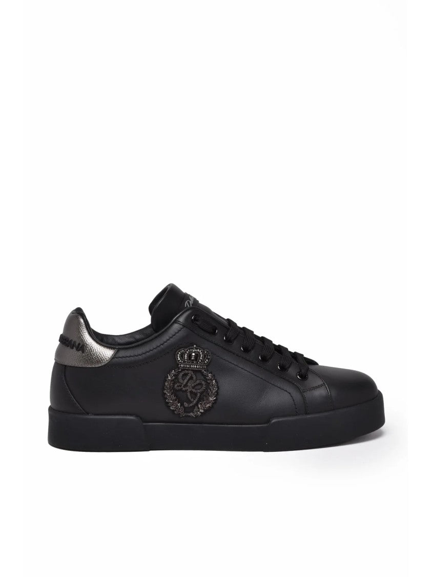 Dolce & Gabbana Black Dauphine Crest Leather-Blend Low-Top Sneakers