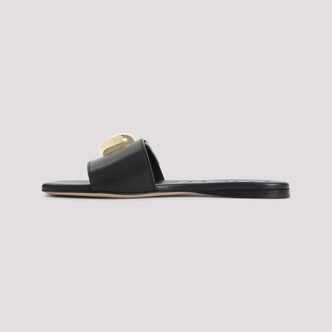 Loewe Minimalist Black Slide Sandals With Gold-Tone Medallion