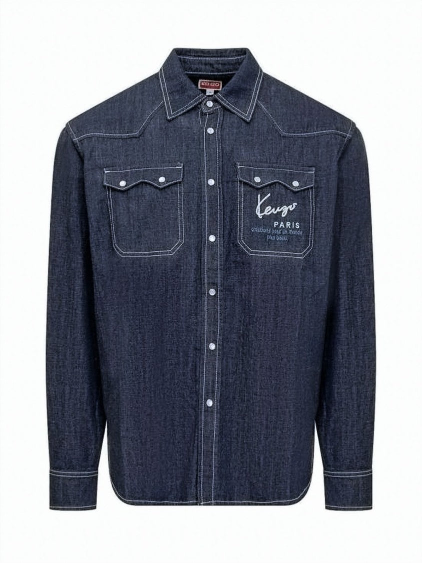 Kenzo Button-Down Denim Shirt With Chest Pockets And Contrast Stitching