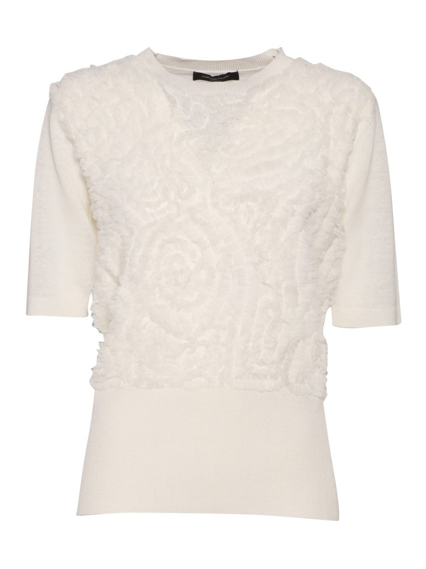 Fabiana Filippi Lightweight Linen Short Sleeve Sweater, Rouche Embroidery