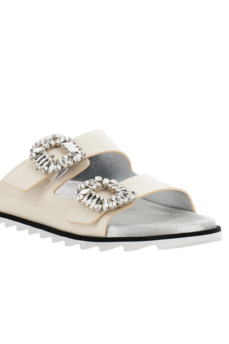 Roger Vivier Ornate White Sandals With Textured Sole And Silver Accents