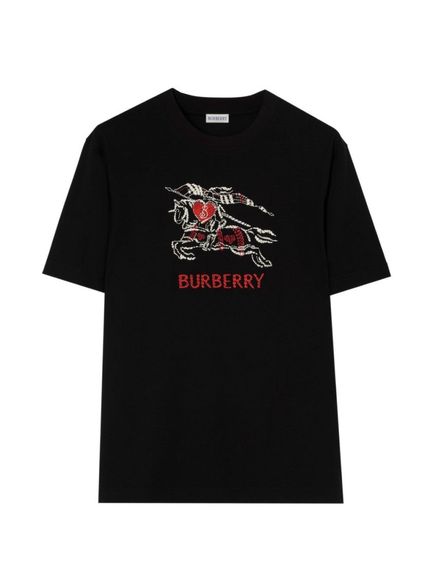 Burberry Black Cotton T-Shirt With Rib-Knit Neckline And Heart Knight Design