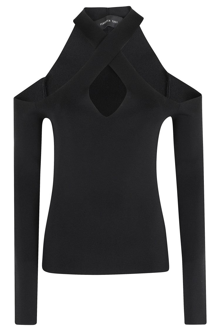 Federica Tosi Black Crisscross Neckline Jersey Viscose Top