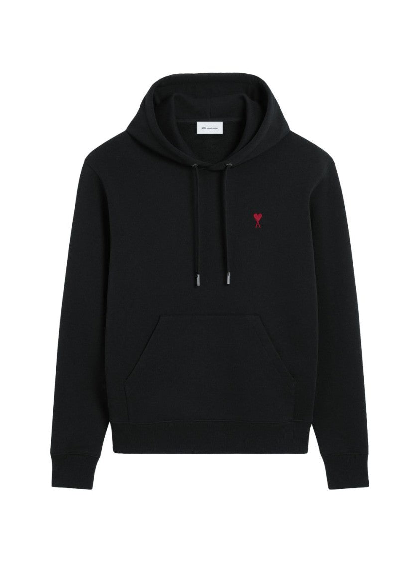 Ami Paris Black Hoodie With Adjustable Drawstring And Embroidered Heart
