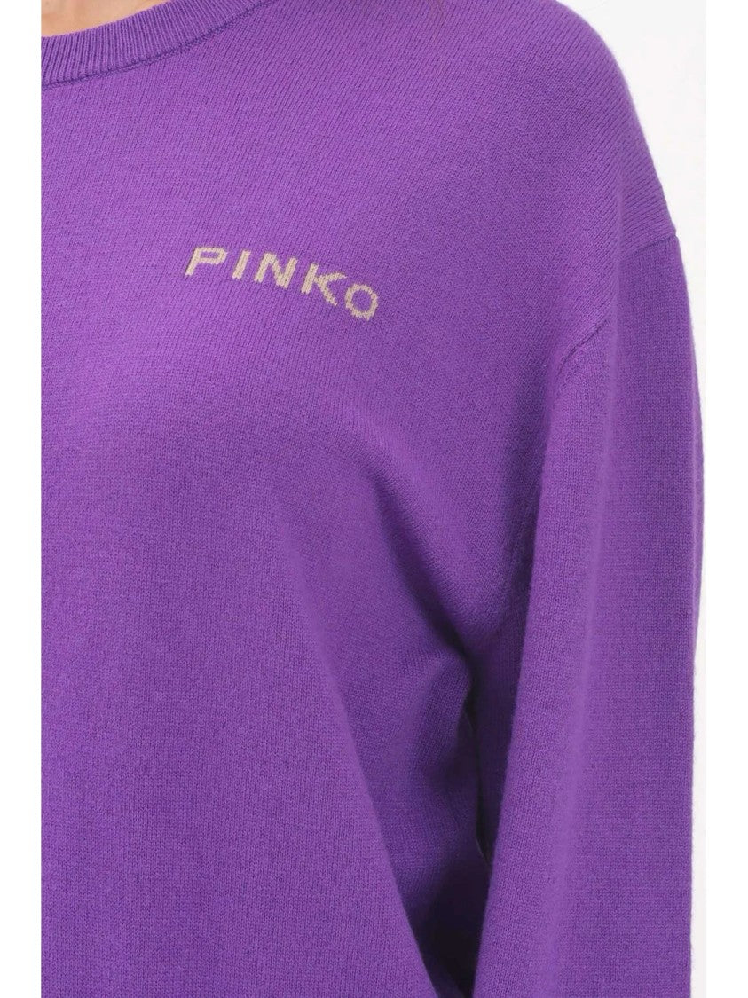 Pinko Short Crewneck Sweater In Vibrant Purple Wool-Cashmere Blend