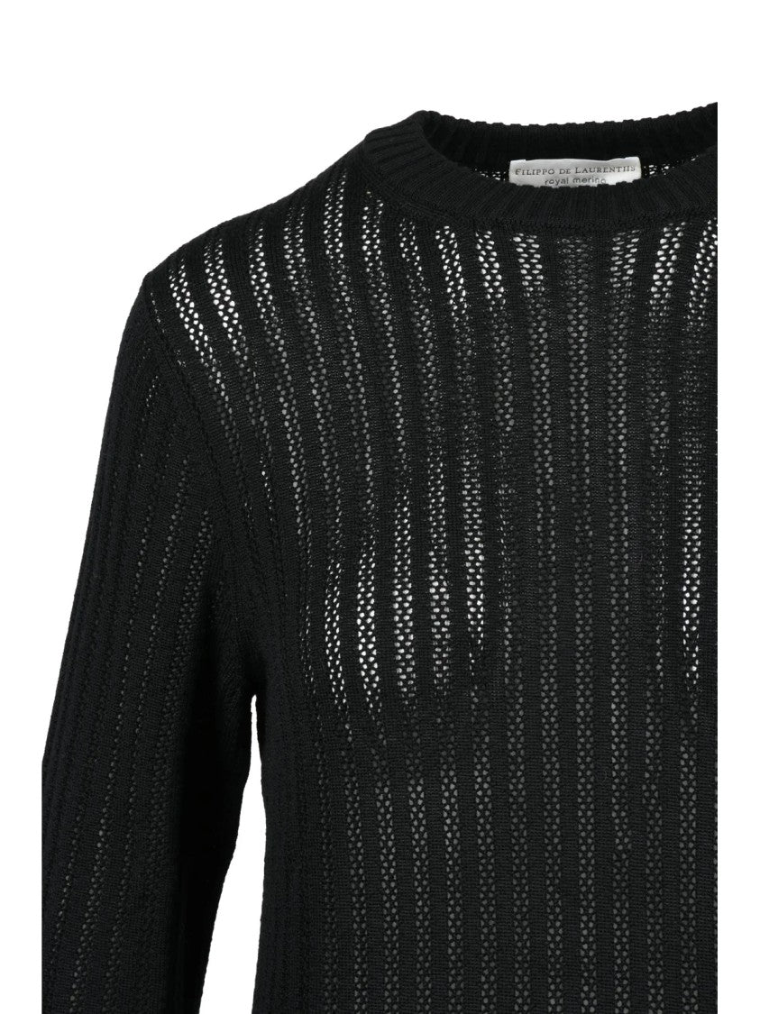 Filippo De Laurentiis Fitted Crewneck Sweater With Vertical Openwork Stripes