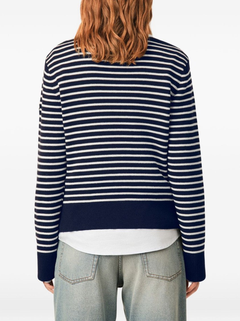 Ami Paris Navy And White Striped Sweater With Contrasting Cream Panel