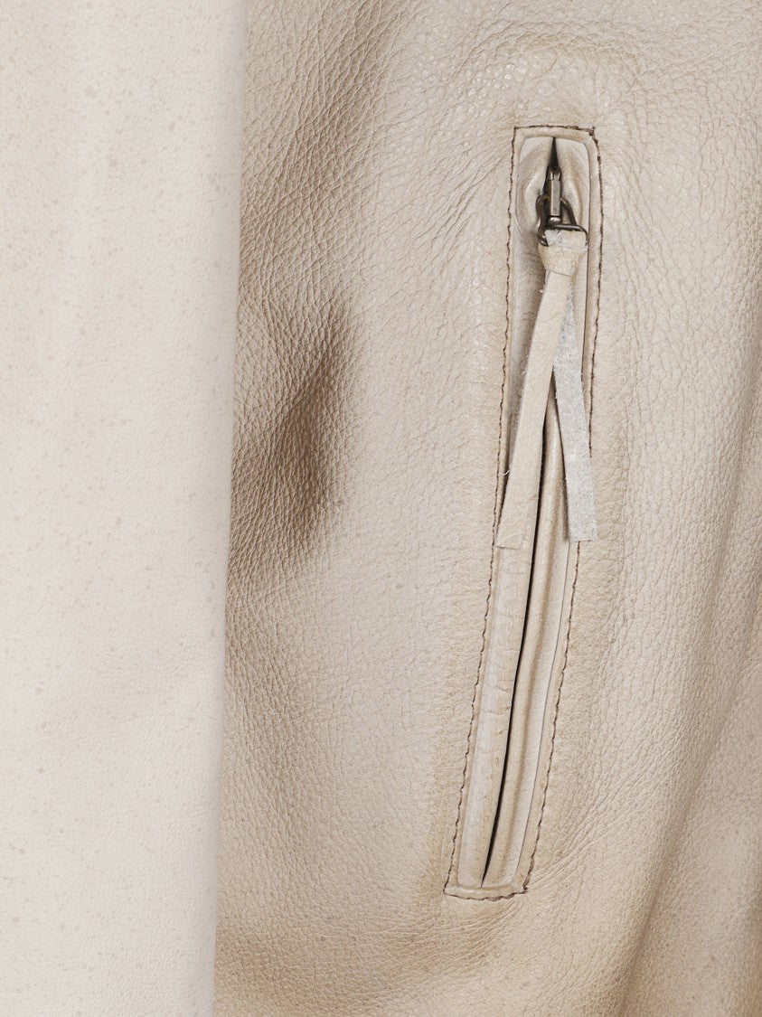 Golden Goose Beige Buckled Belt Leather Leather Jacket