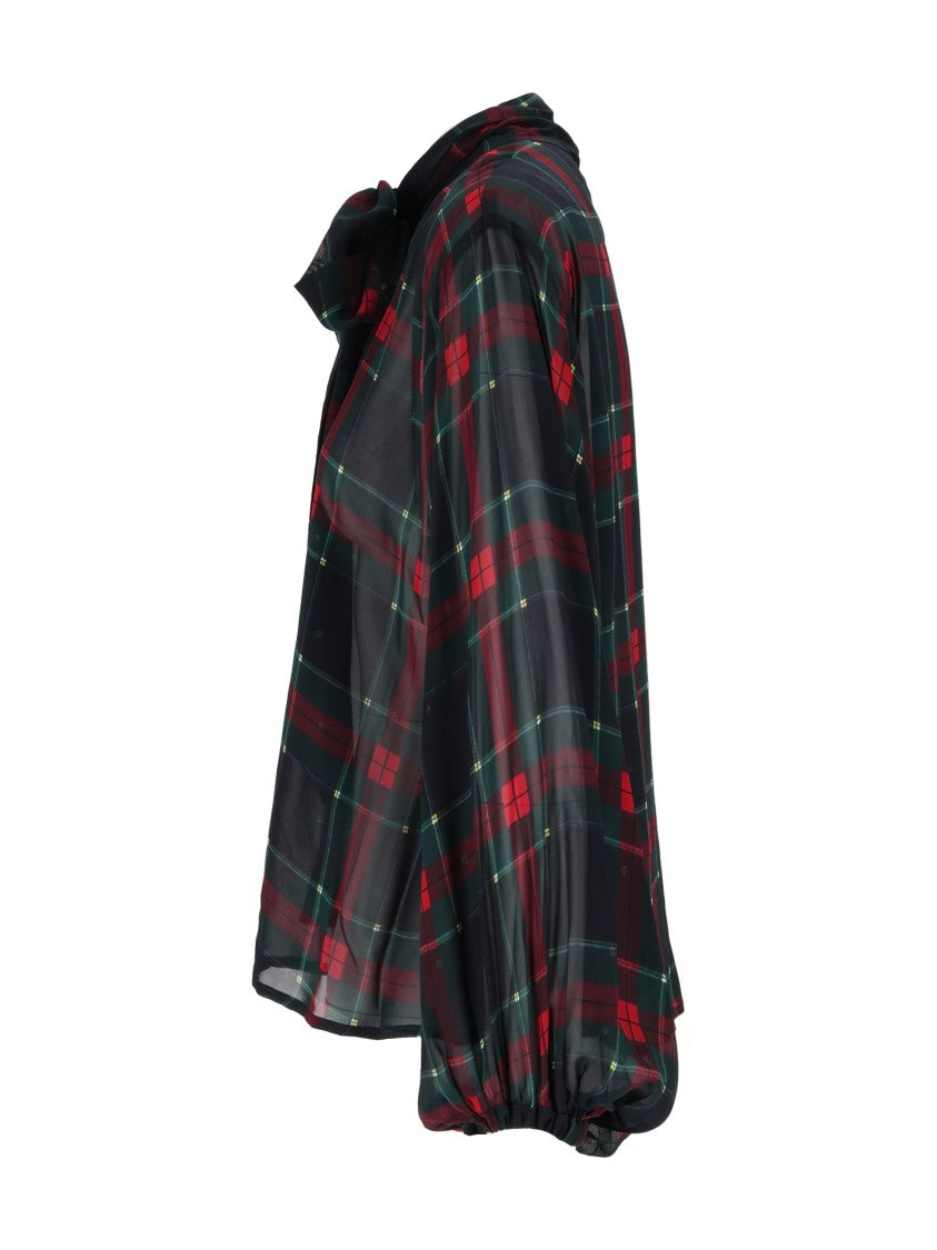 Shirt A Porter Tartan Plaid Sheer Chiffon Bow Tie Blouse