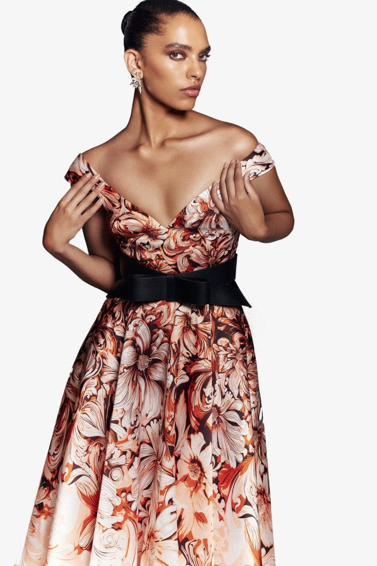 Saiid Kobeisy Mikado Printed Dress With Off-Shoulder Sleeves