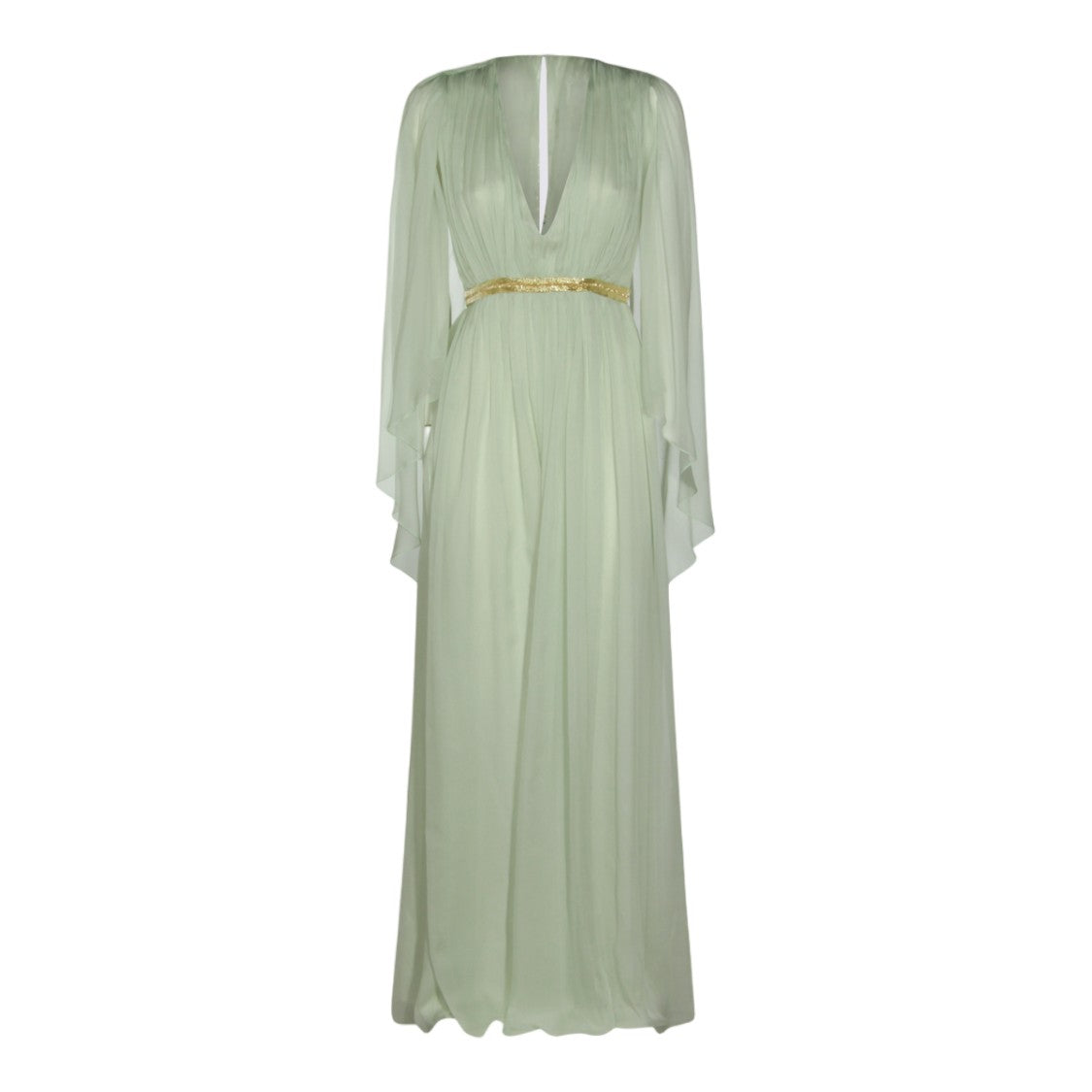 Alberta Ferretti Maxi Dress With Sheer Draped Sleeves And Gold Belt