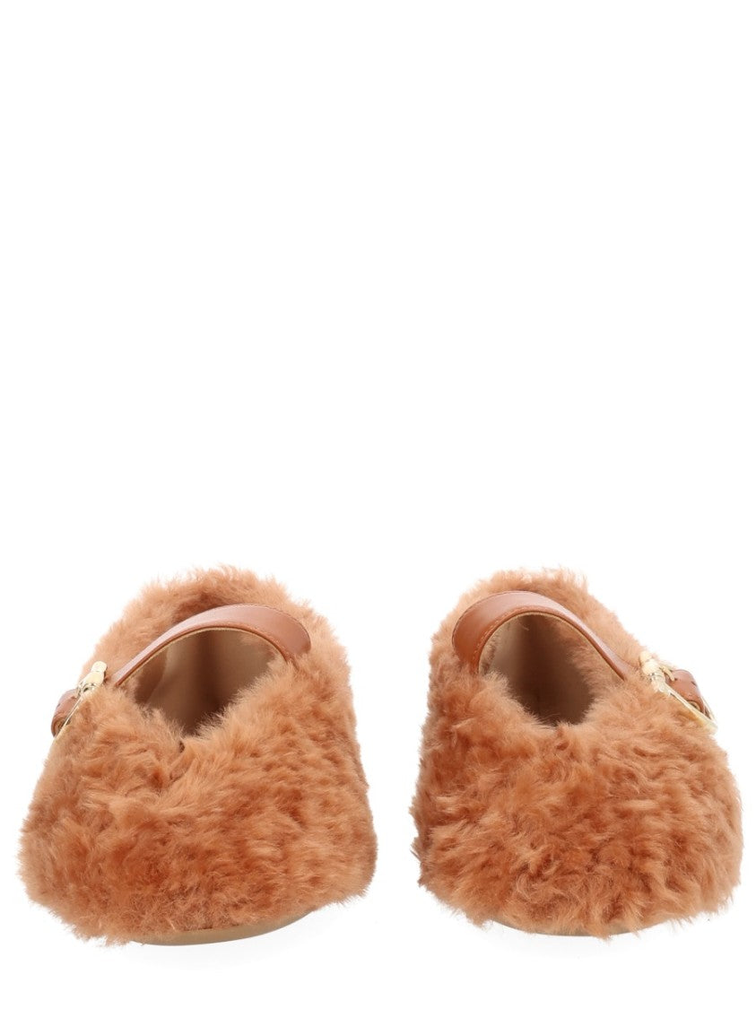 Ferragamo Brown Love Ornament Shearling Flats