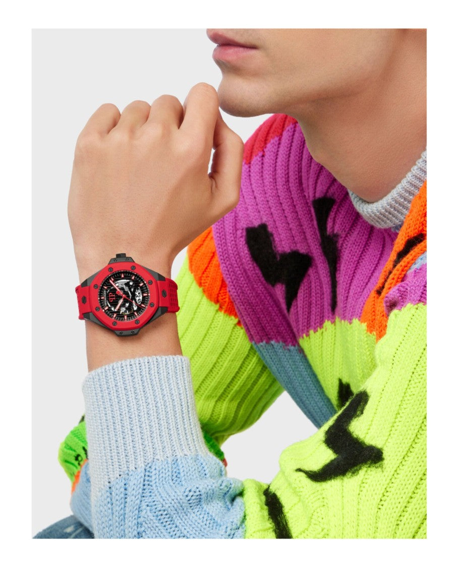 Philipp Plein Skeleton Dial Royal Automatic Watch With Red Silicone Strap