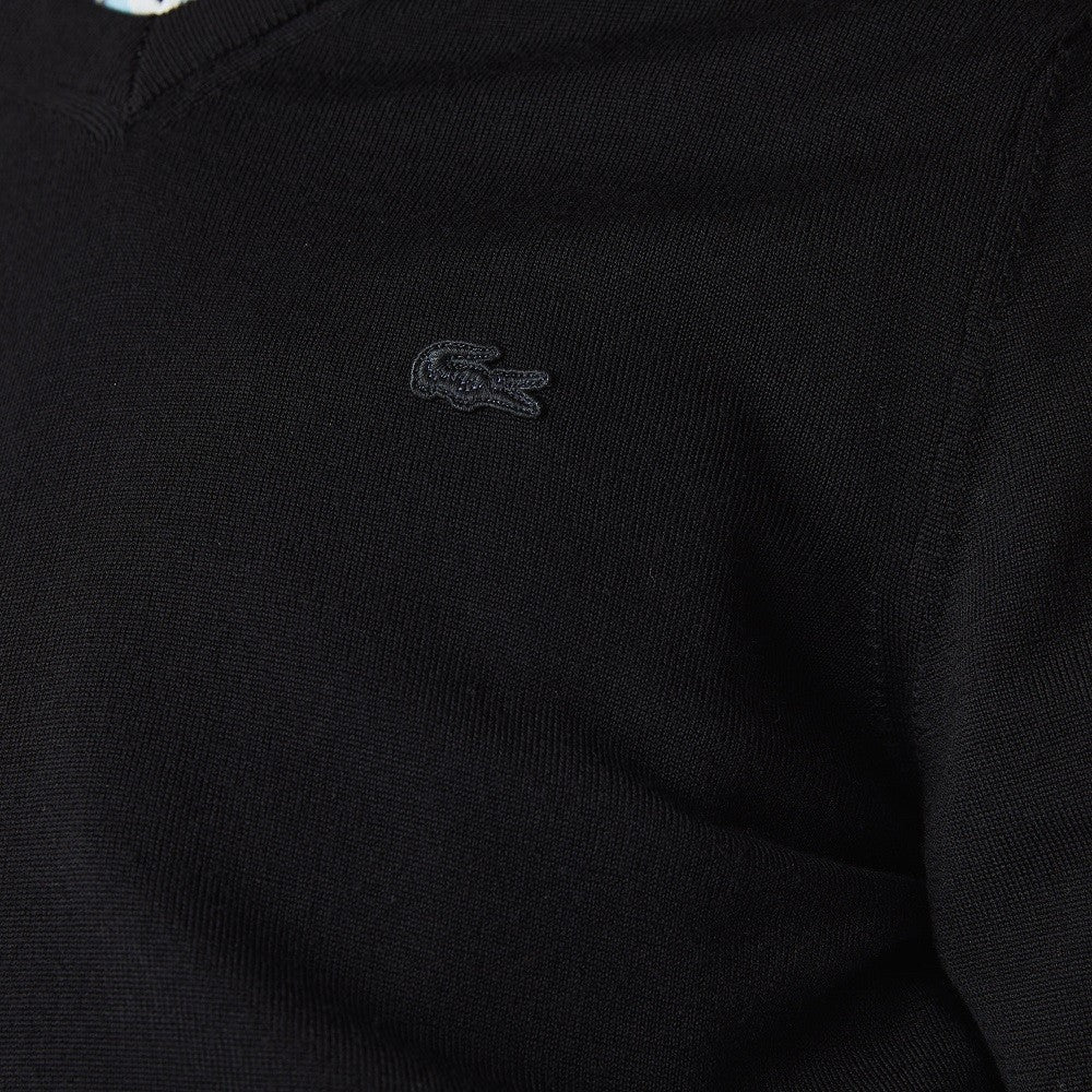 Lacoste Merino Wool Pullover With Ribbed V-Neck And Embroidered Detail